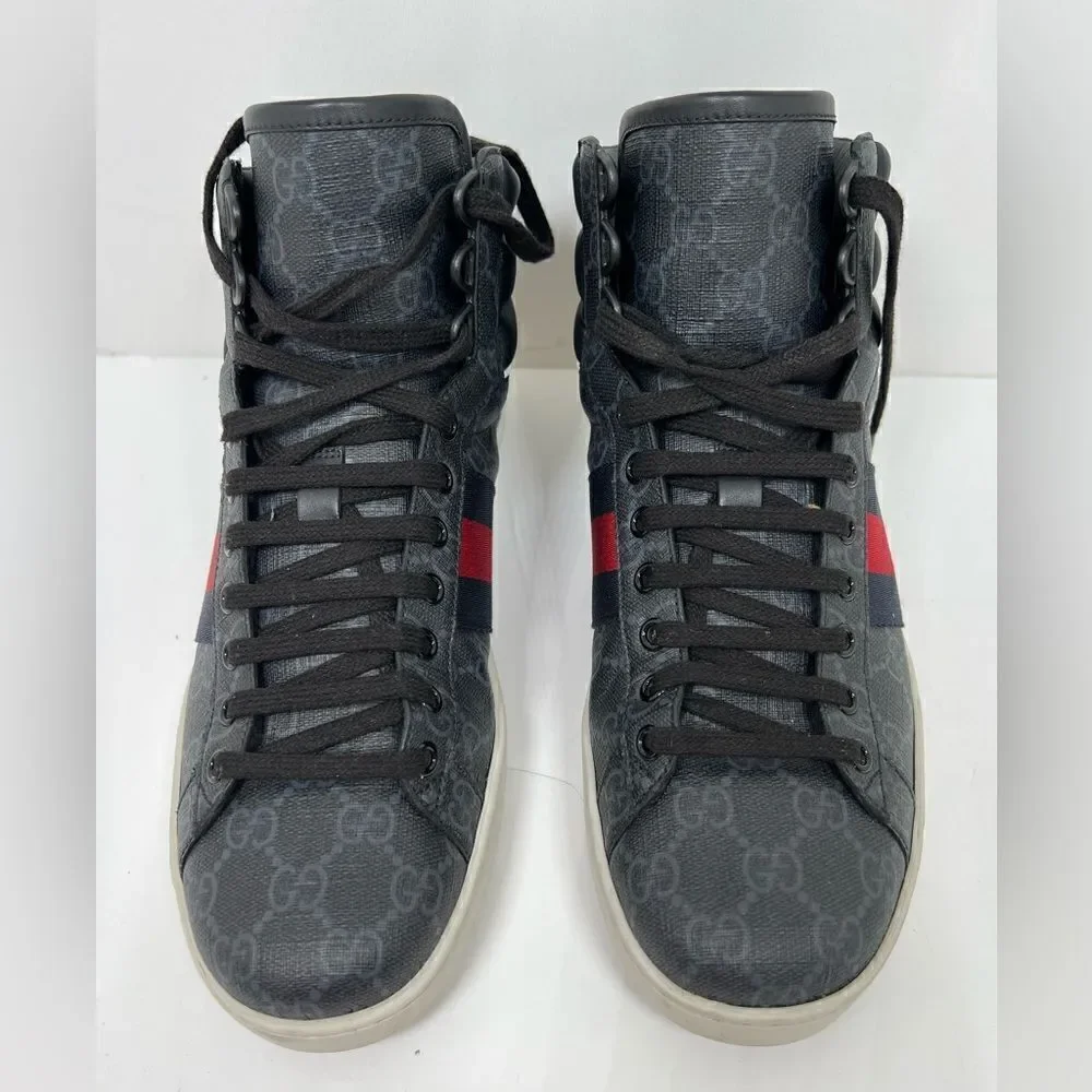 AUTH GUCCI MEN CANVAS GG LOGO PRINT ACE HIGH TOP GOLD BACK SNEAKERS SIZE 8